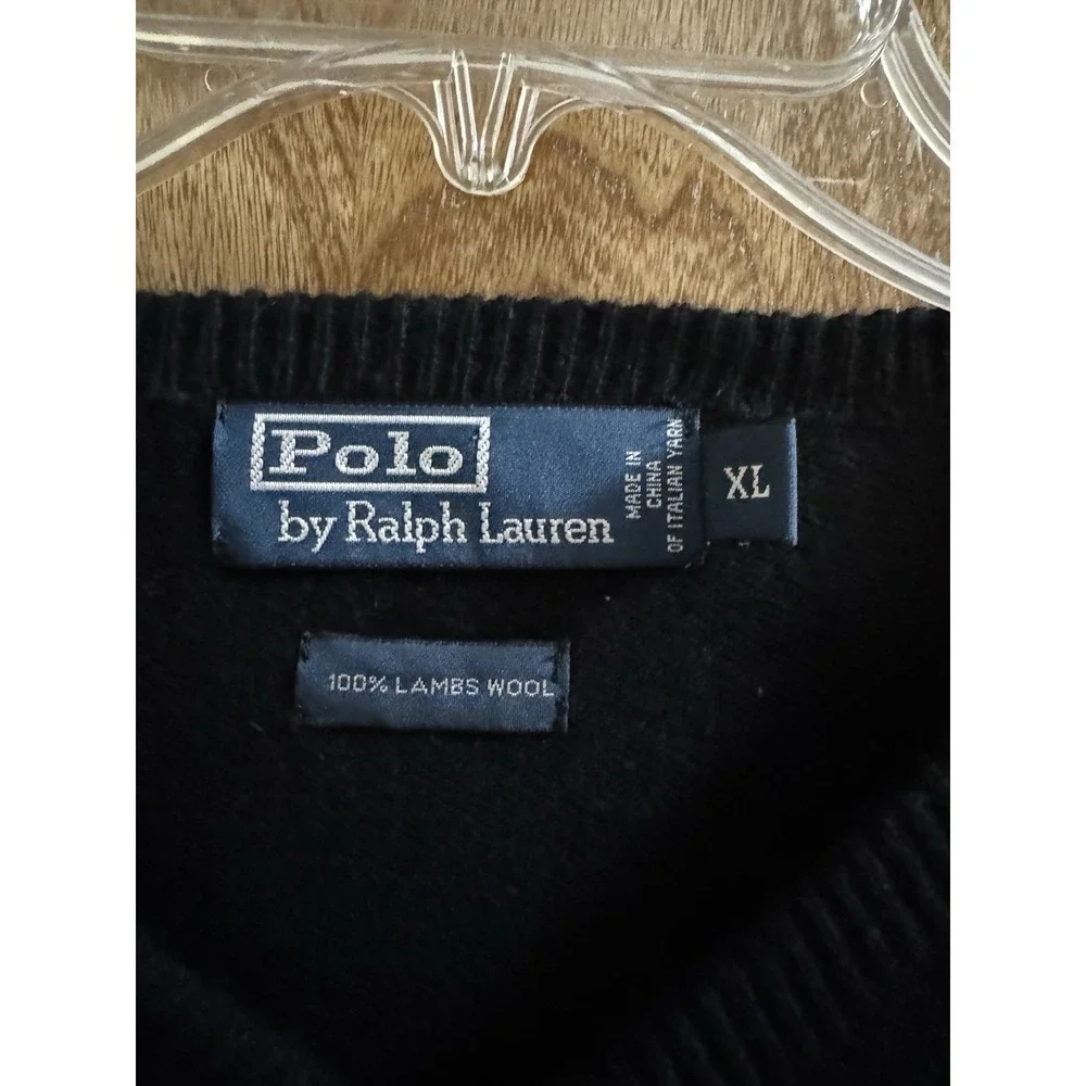 Polo Ralph Lauren 100% Lambs Wool Sweater Size XL Black Purple Logo Retro Vtg